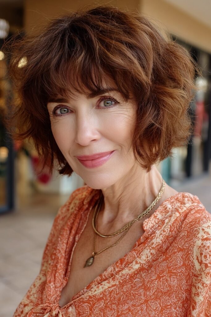 Wavy Auburn Bob with Soft Curtain Fringe
