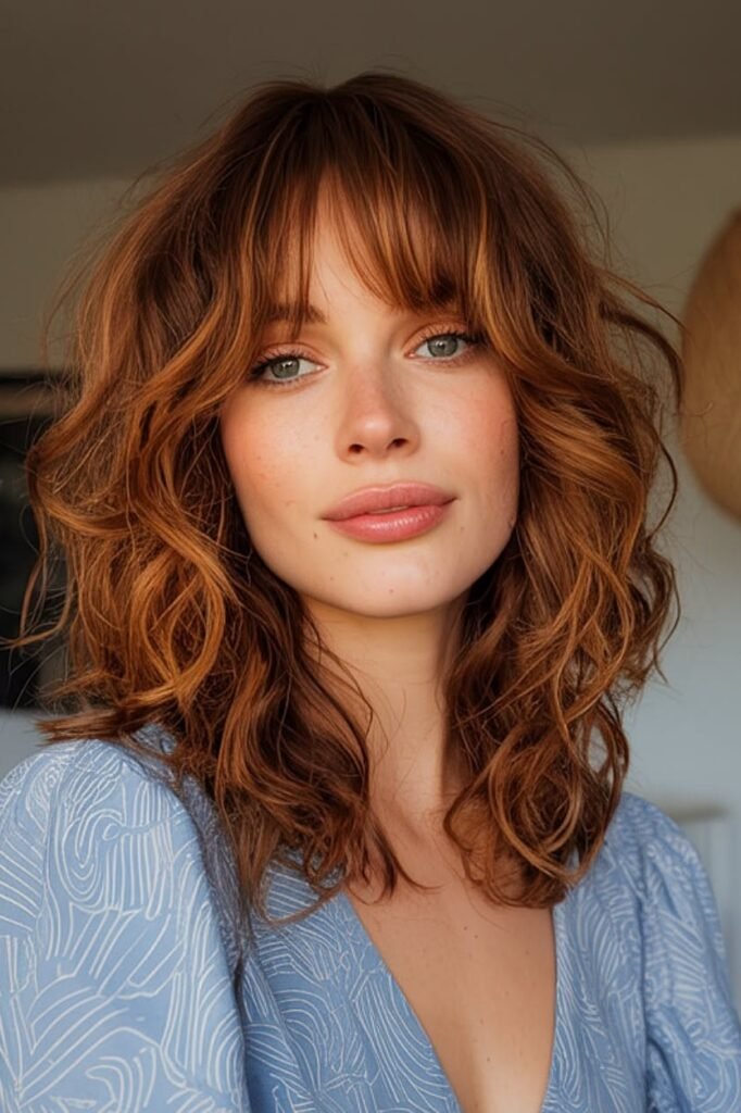 Wavy Auburn Mid-Length Hair with Soft Curtain Bangs