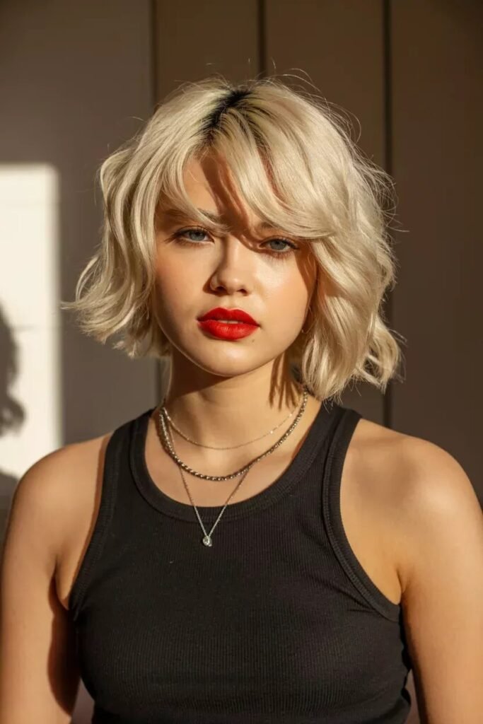 Wavy Blonde Bob with Side-Swept Bangs