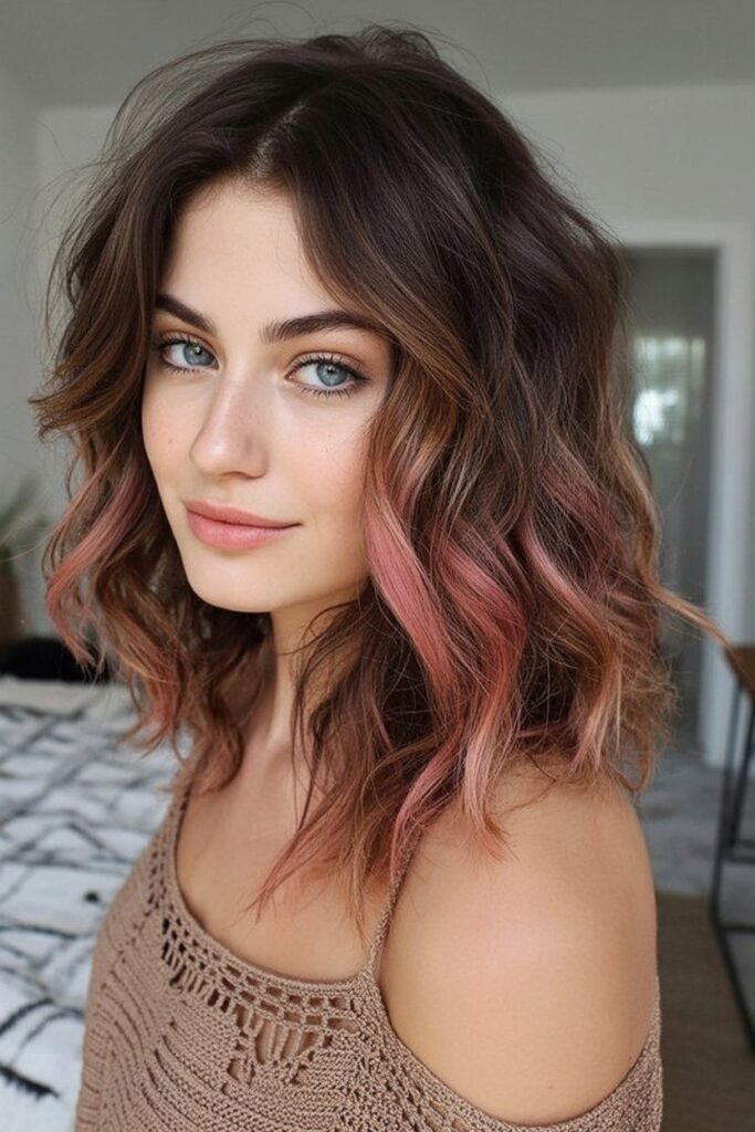 Wavy Bob with Soft Pink Peekaboo Highlights
