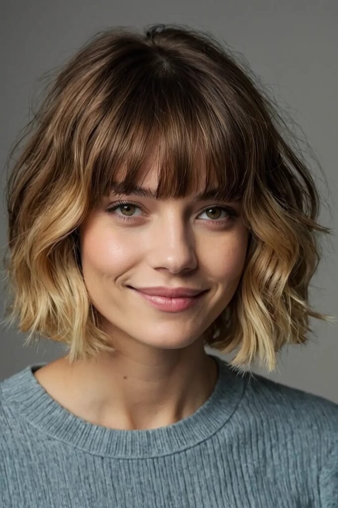 Wavy Bob with Straight Bangs and Ombre Ends