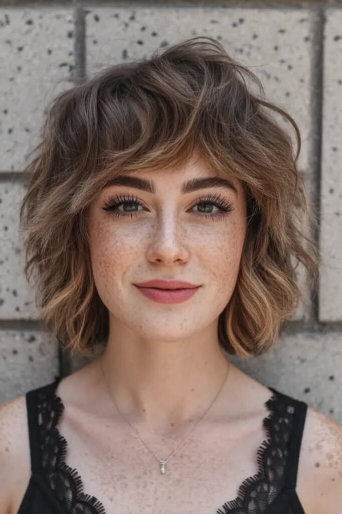 Wavy Brown Shaggy Bob with Soft Textured Bangs