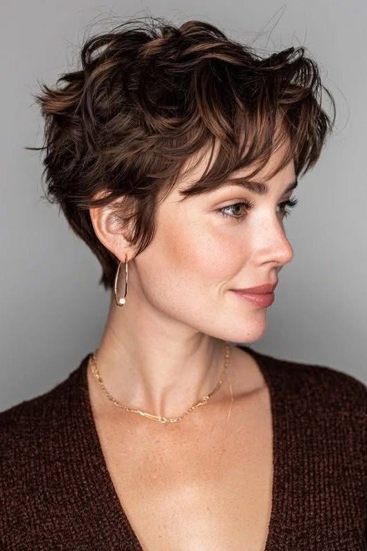 Wavy Brown Shaggy Pixie Cut with Soft Texture