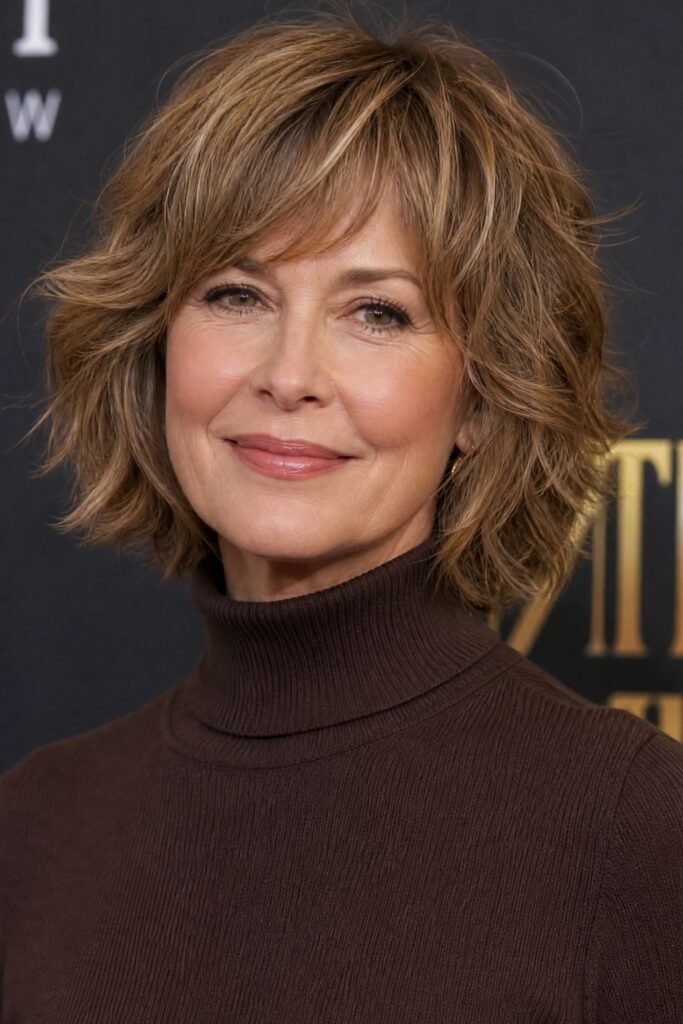 Wavy Caramel Brown Bob with Soft Bangs