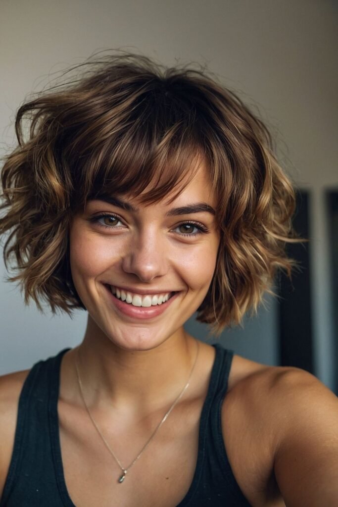 Wavy Caramel Brown Bob with Soft Face-Framing Bangs