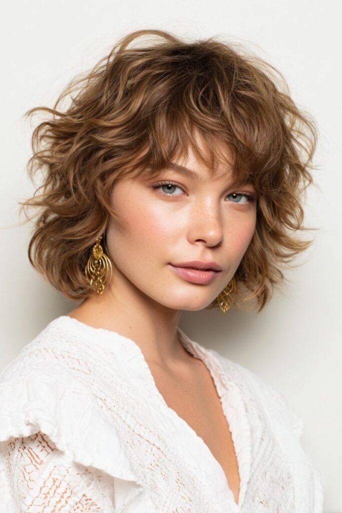 Wavy Caramel Shaggy Bob with Curtain Bangs