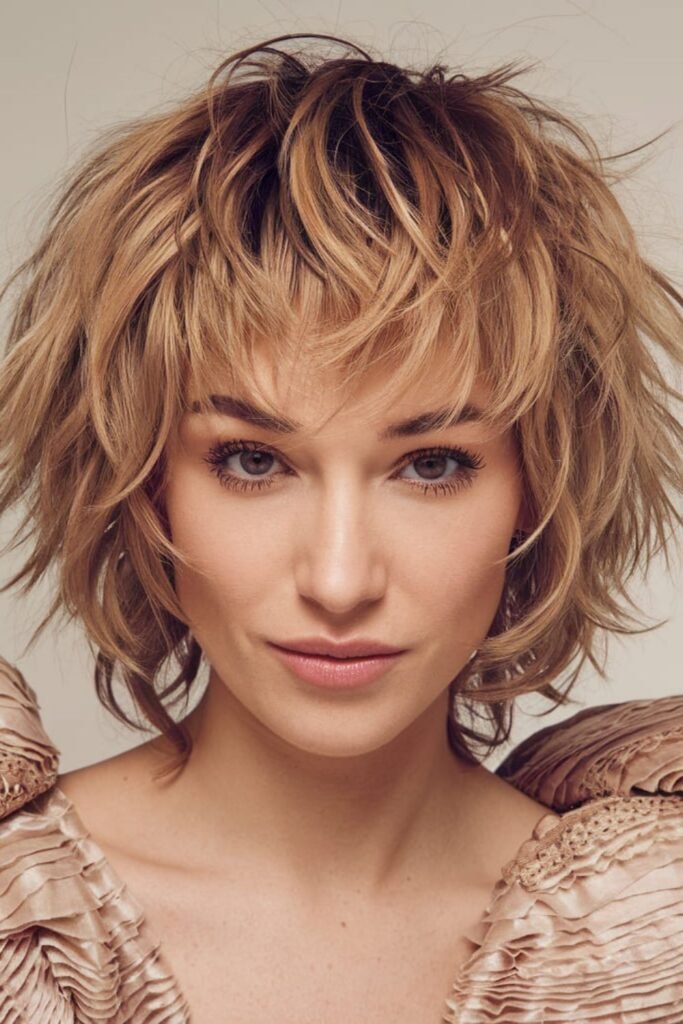Wavy Caramel Shaggy Bob with Textured Layering
