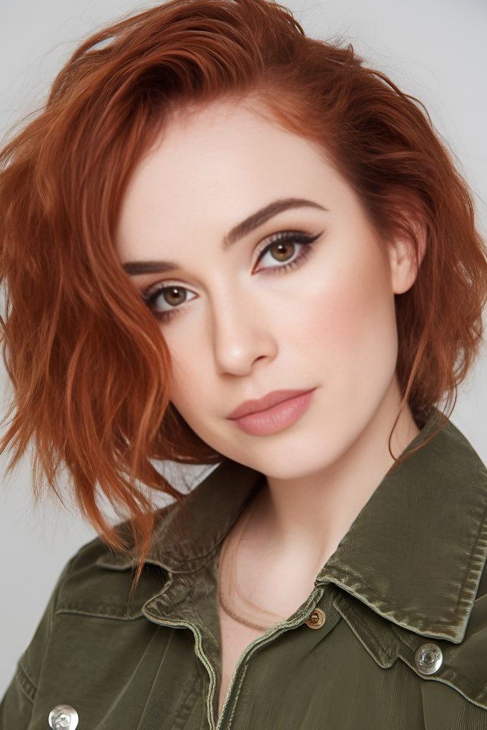 Wavy Copper Red Bob with Side Part