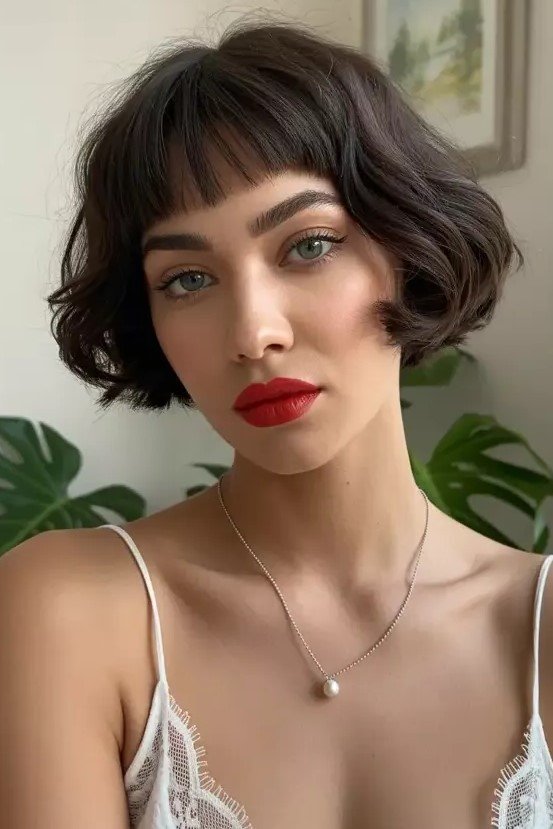 Wavy Dark Bob with Micro Bangs