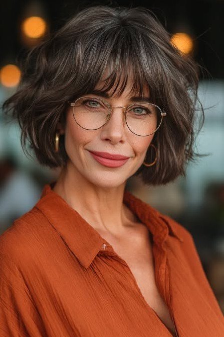 Wavy Dark Bob with Soft Bangs and Glasses