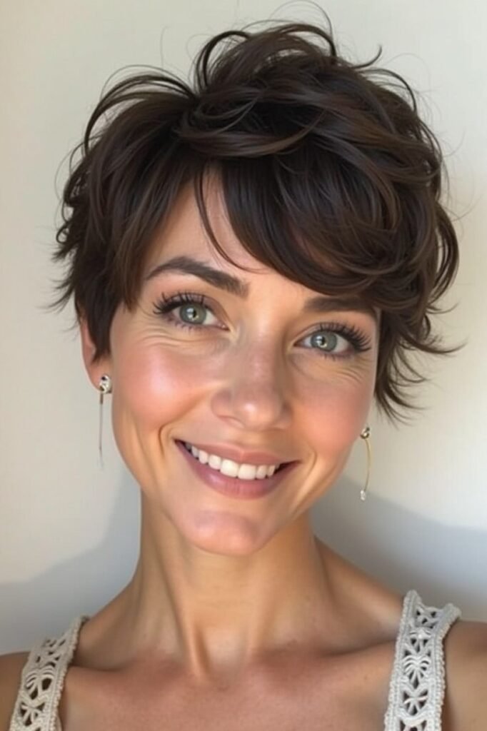 Wavy Dark Brown Messy Pixie Cut with Volume