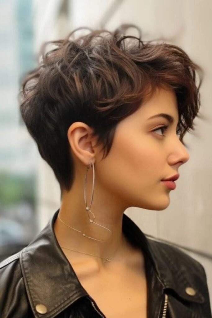 Wavy Dark Brown Pixie with Volume and Undercut Sides