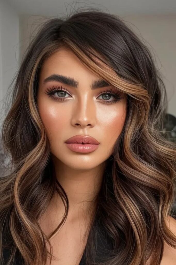 Wavy Dark Hair with Caramel Face-Framing Highlights