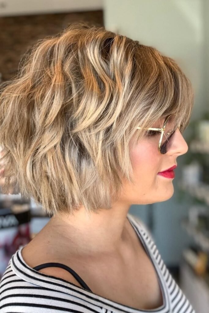 Wavy Layered Blonde Bob with Side-Swept Bangs