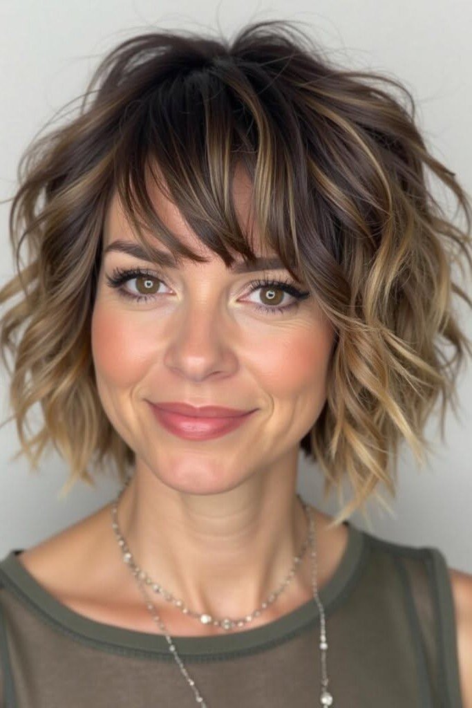 Wavy Layered Bob with Honey Blonde Highlights and Side Bangs