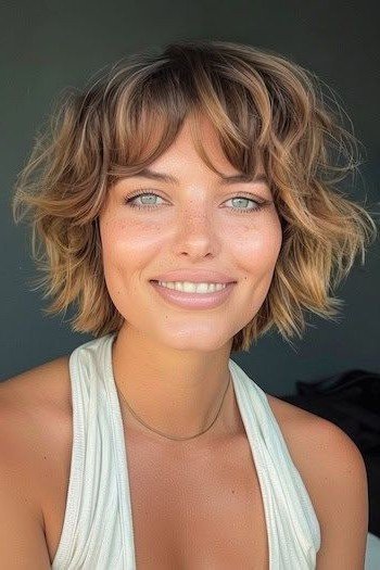 Wavy Layered Bob with Honey Highlights and Fringe