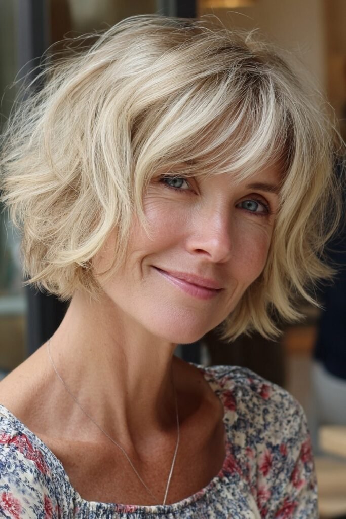 Wavy Layered Bob with Side-Swept Bangs