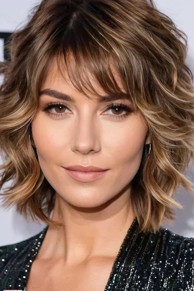 Wavy Layered Bob with Wispy Curtain Bangs