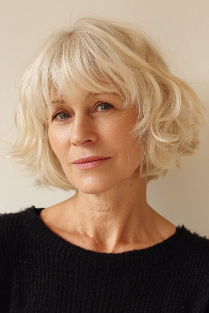 Wavy Platinum Blonde Bob with Soft Curtain Bangs