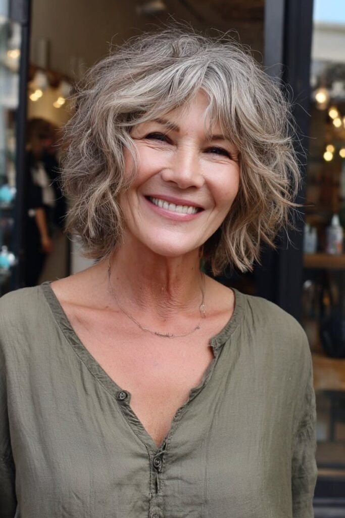 Wavy Salt-and-Pepper Bob with Soft Curtain Bangs