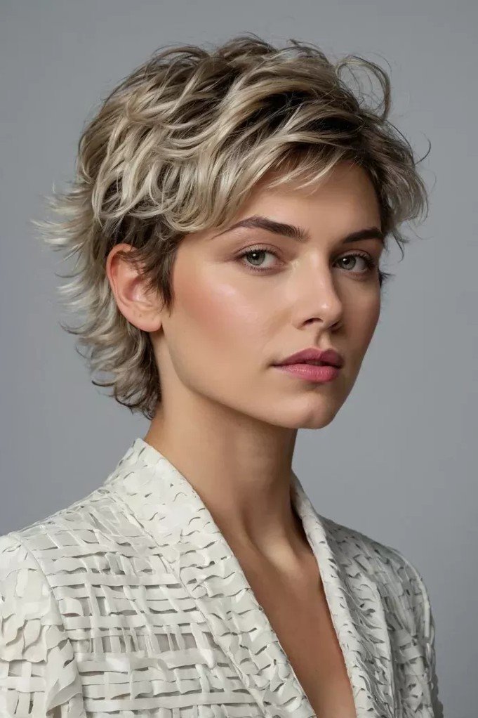 Wavy Silver-Blonde Short Shag with Soft Texture
