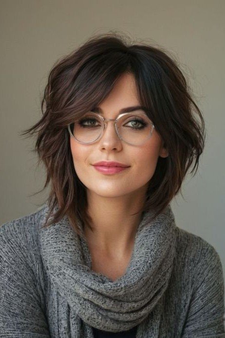 Wavy Textured Bob with Deep Side Part and Glasses