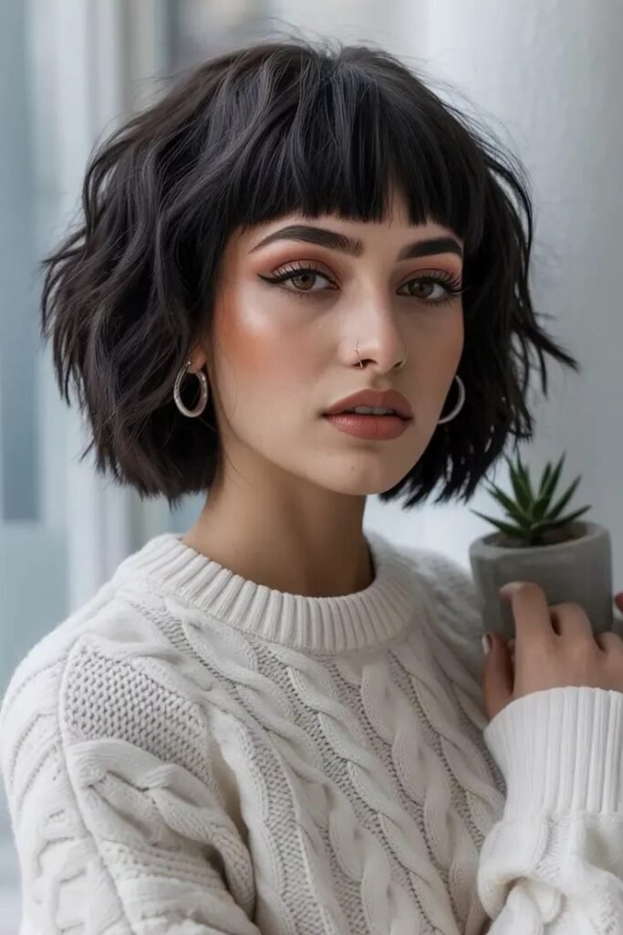Wavy Textured Bob with Short Bangs and Dark Shades