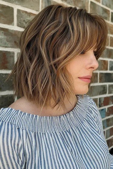 Wavy Textured Bob with Side-Swept Bangs