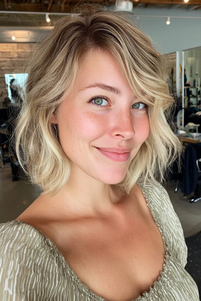 Wavy Textured Bob with Side-Swept Bangs