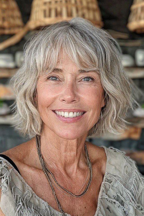 Wavy Textured Bob with Subtle Bangs