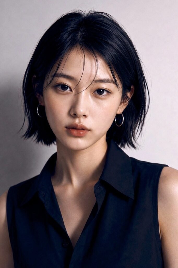 Wet-Look Dark Bob with Subtle Side Part