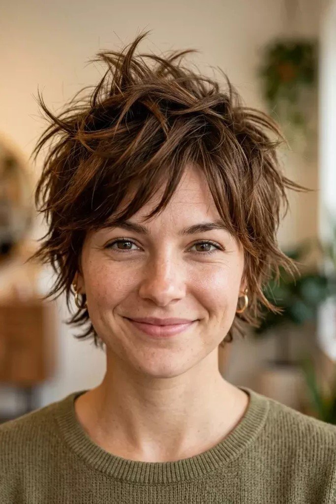 Wispy Brunette Shaggy Pixie Cut