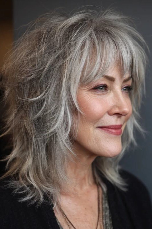 Wispy Gray Shag with Face-Framing Layers
