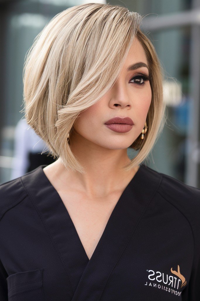 Ash Blonde Angled Bob with Sweeping Bangs