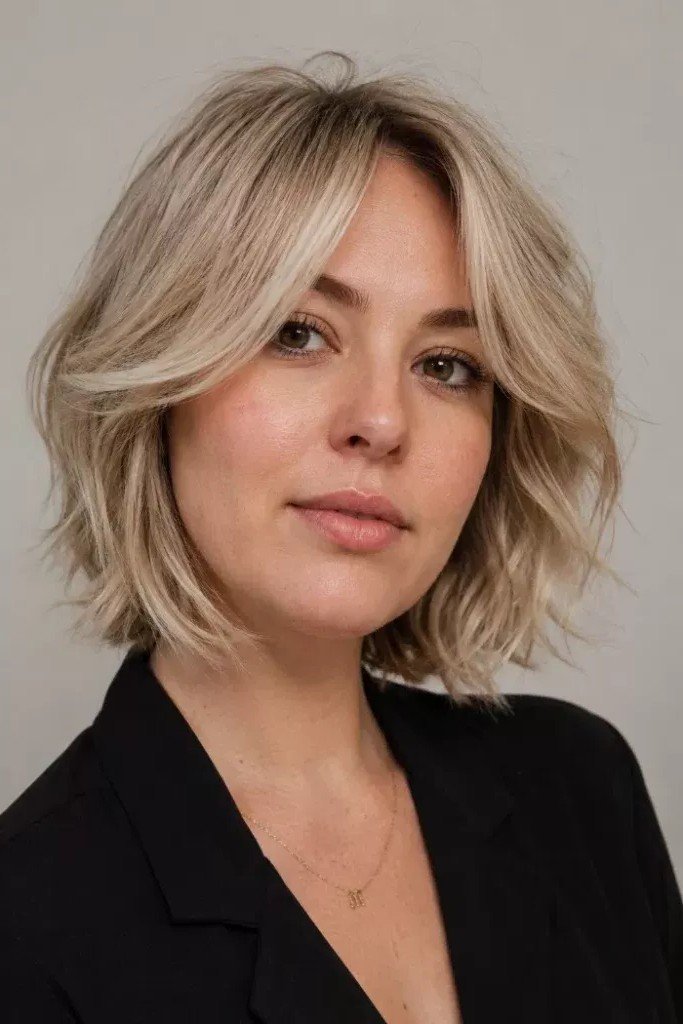 Ash Blonde Bob with Voluminous Curtain Bangs