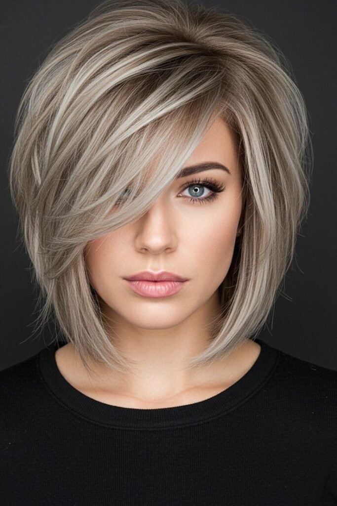 Ash Blonde Layered Bob with Side-Swept Bangs