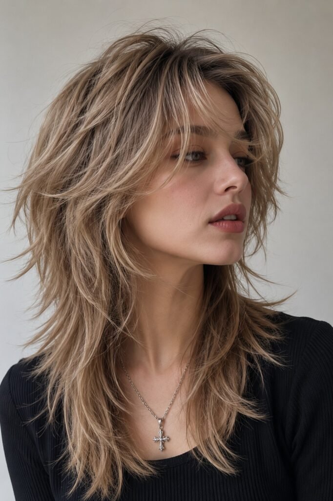 Ash Blonde Layered Wolf with Feathered Bangs