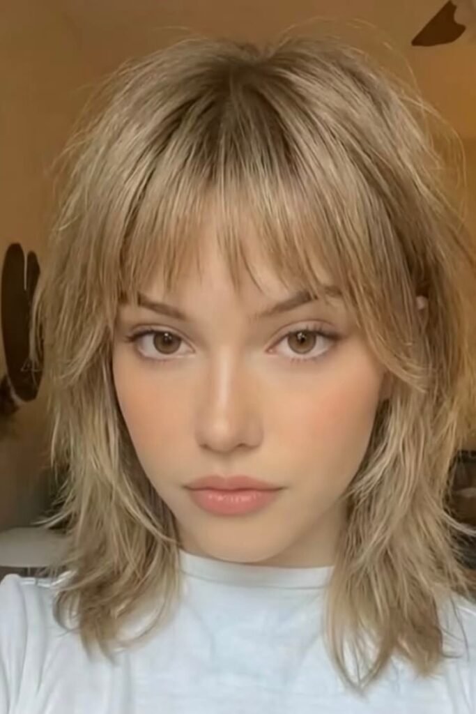 Ash Blonde Textured Shag with Wispy Bangs