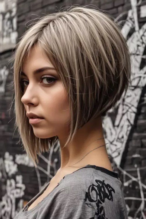 Ash Blonde Textured Stacked Bob with Layered Ends