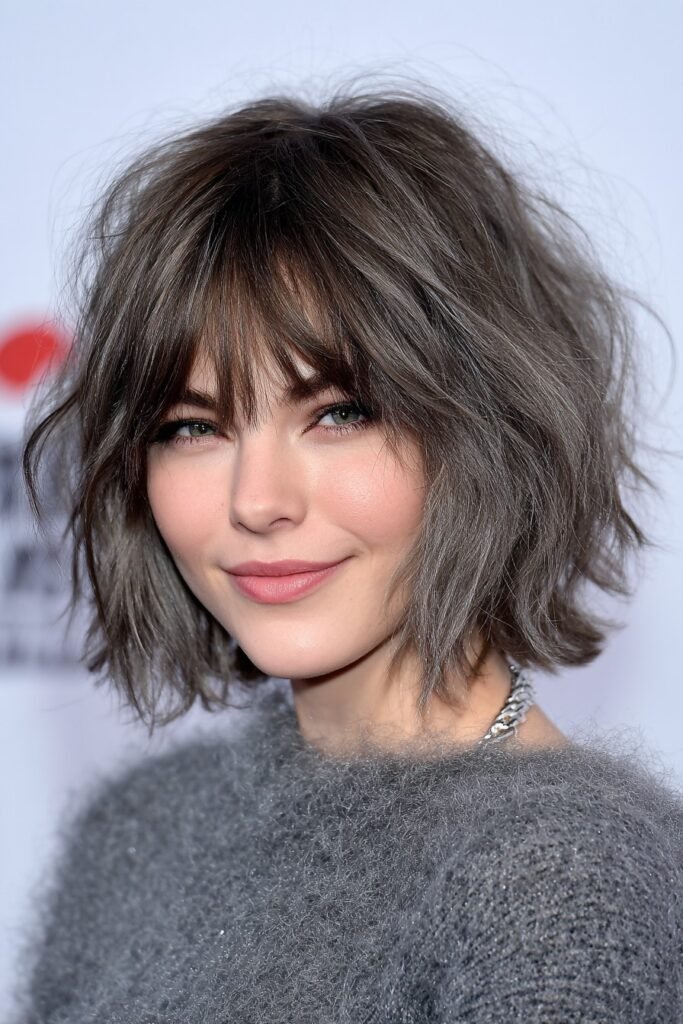 Ash Gray Textured Bob with Soft Bangs