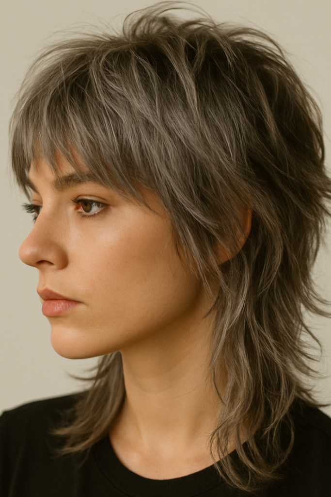 Ash Gray Textured Wolf Haircut with Side Profile View