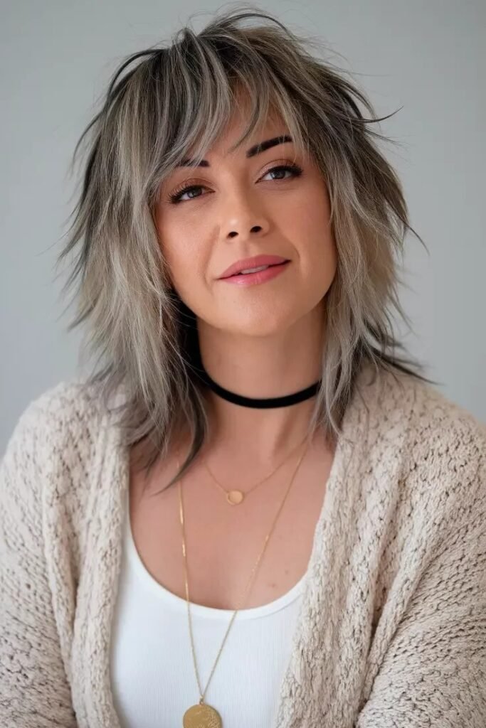 Ash Grey and Blonde Multi-Tonal Shaggy Bob with Textured Layers