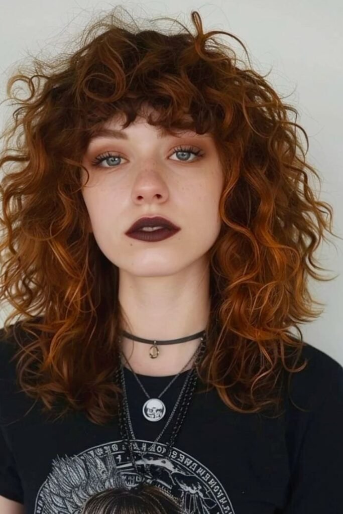 Auburn Curly Shag with Tousled Bangs
