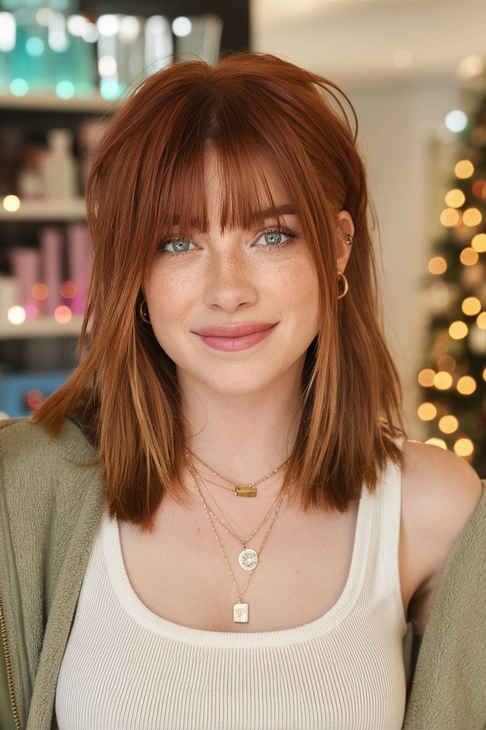 Auburn Shoulder-Length Cut with Soft Wispy Bangs
