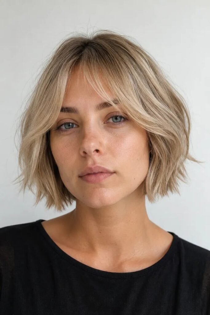 Blonde Bob with Soft Curtain Bangs and Subtle Waves