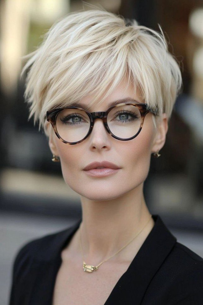 Blonde Pixie Cut with Textured Layers and Tortoiseshell Glasses
