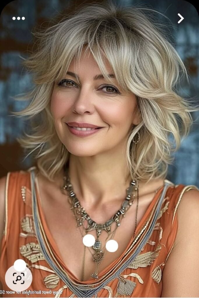 Blonde Shag Cut with Feathered Layers and Curtain Bangs