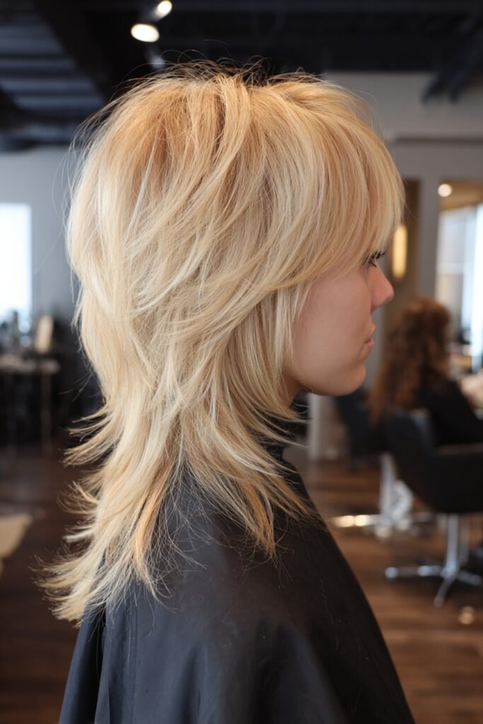 Blonde Shag Cut with Prominent Crown Volume and Nape Layers