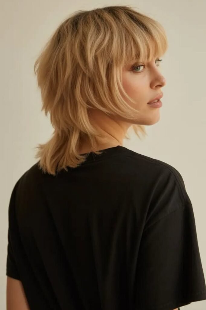 Blonde Shag Haircut with Volume and Curled Ends