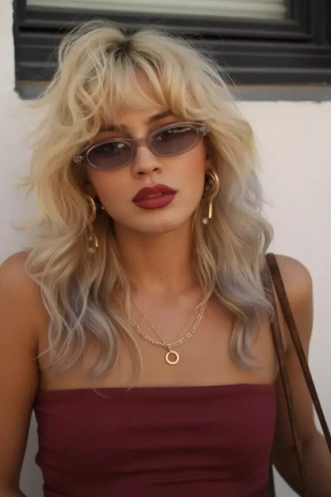 Blonde Shaggy Bob with Piece-Y Bangs and Sunglasses